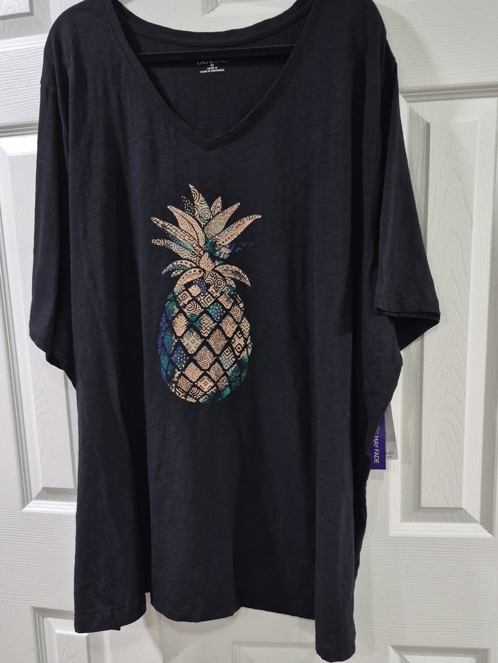 Catherines Black V-Neck Short Sleeve Tee with Metallic Gold and Teal Pineapple
